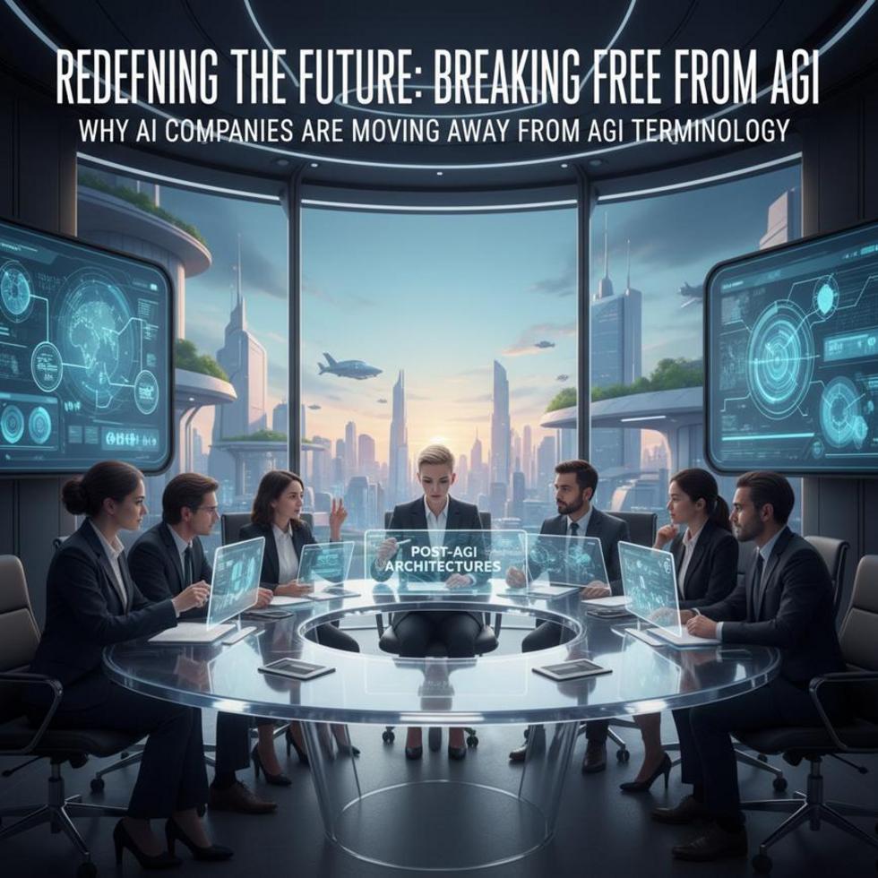 Abstract collage of AI symbols representing shift from AGI to broader terms.