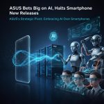 A dynamic depiction of ASUS's move from smartphone production to focusing on AI technology.