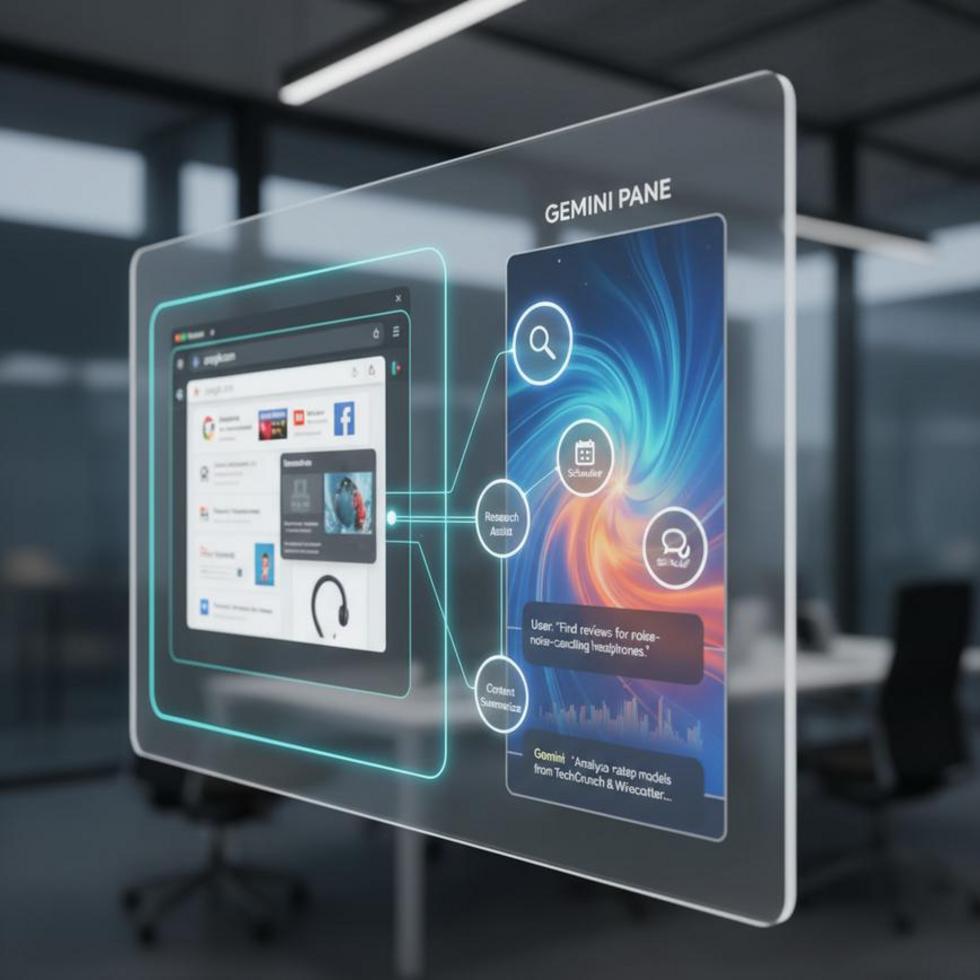 An illustration showing a futuristic Chrome interface with the Gemini AI pane.