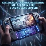 A handheld gaming PC displaying vibrant graphics, powered by Intel's new Panther Lake CPU.