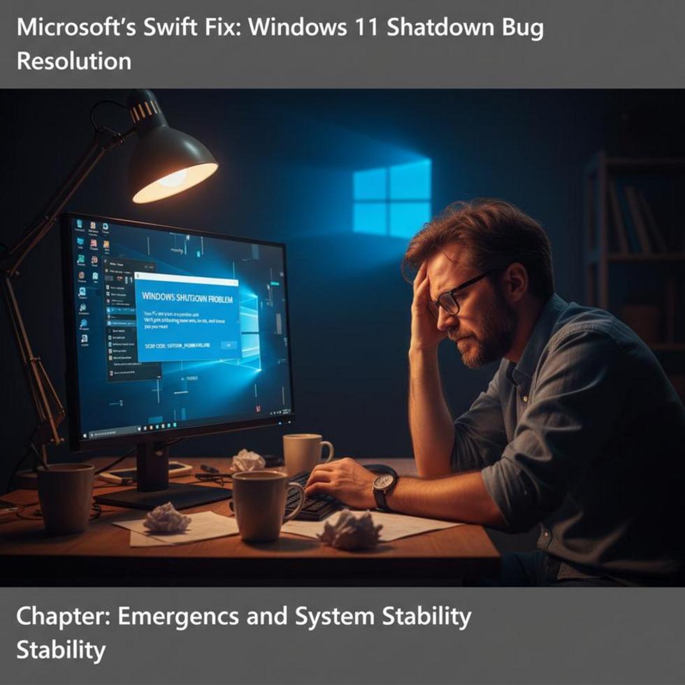 A large digital billboard in a futuristic city displaying the Windows 11 logo with shutdown symbols, signifying tech disruption and solution.