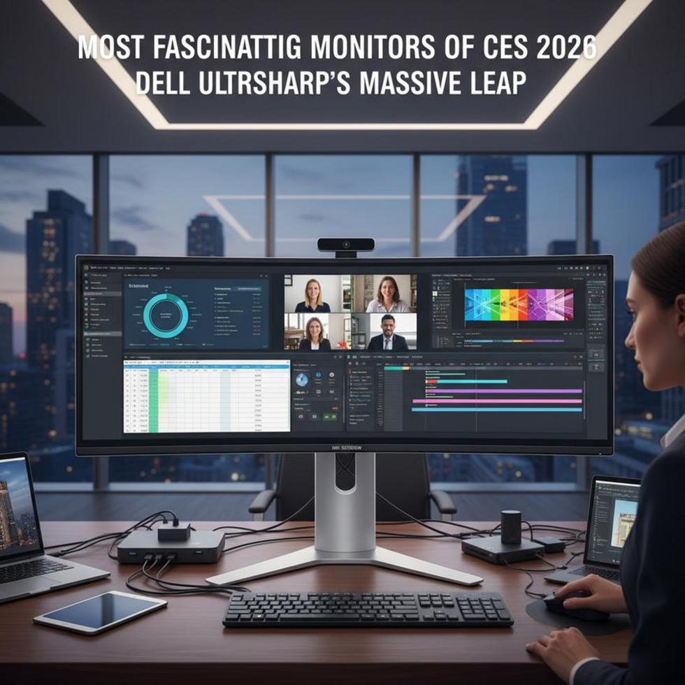A wide-angle view of CES 2026, featuring futuristic monitors with advanced technology designs.