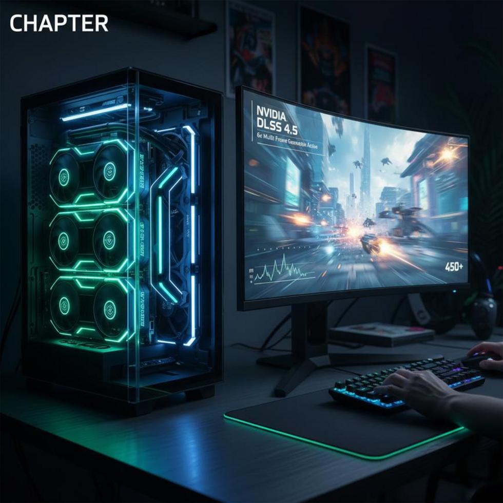 Display showing Nvidia DLSS 4.5 technology with improved graphics detail at CES.