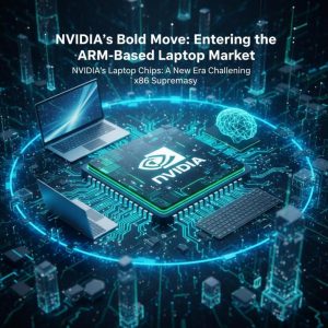 Futuristic graphic illustrating NVIDIA's entry into ARM-based laptop technology.