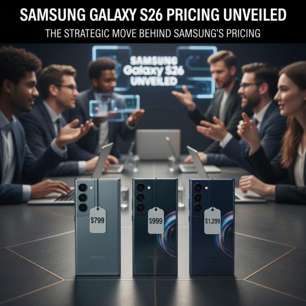 Samsung Galaxy S26 series lineup with price tags, showcasing its design and affordability.