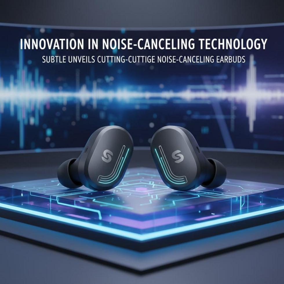 Subtle's wireless earbuds with a holographic sound wave, illustrating noise-canceling features.