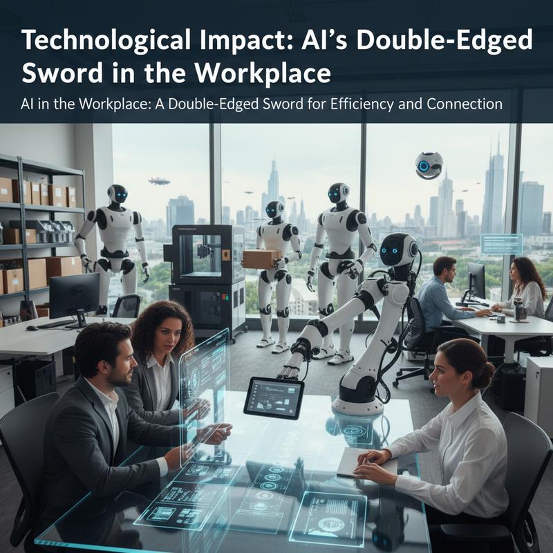 AI tools supporting office work while employees collaborate nearby.