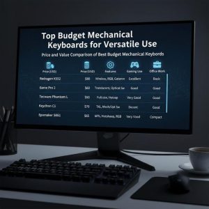 A digital collage showcasing different budget mechanical keyboards, highlighting their versatility for gaming and office use.