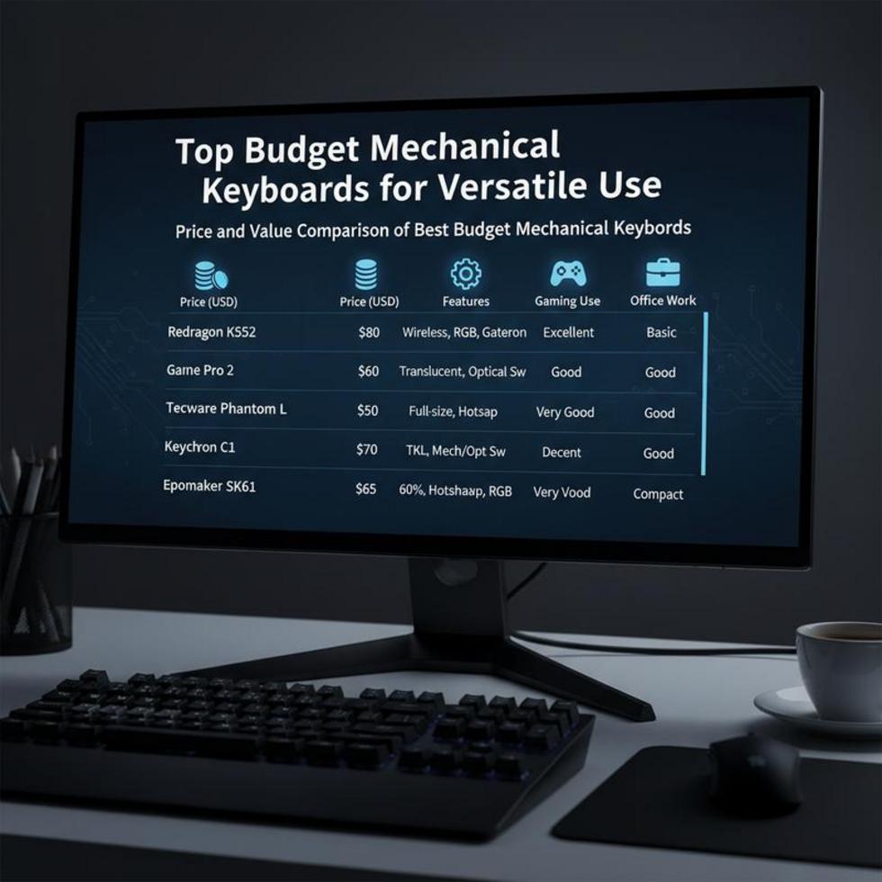 A digital collage showcasing different budget mechanical keyboards, highlighting their versatility for gaming and office use.