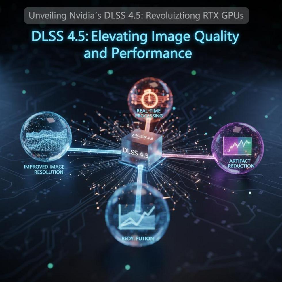 Futuristic RTX GPU demonstrating DLSS 4.5 enhancements.