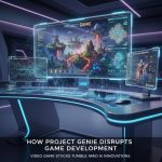 Stock market monitors showing falling gaming stocks alongside AI-generated gaming visuals.