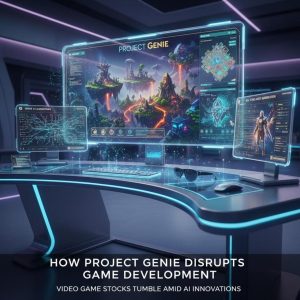 Stock market monitors showing falling gaming stocks alongside AI-generated gaming visuals.