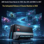 AMD logo amidst a dynamic display of gaming consoles and tech components in a tech lab.