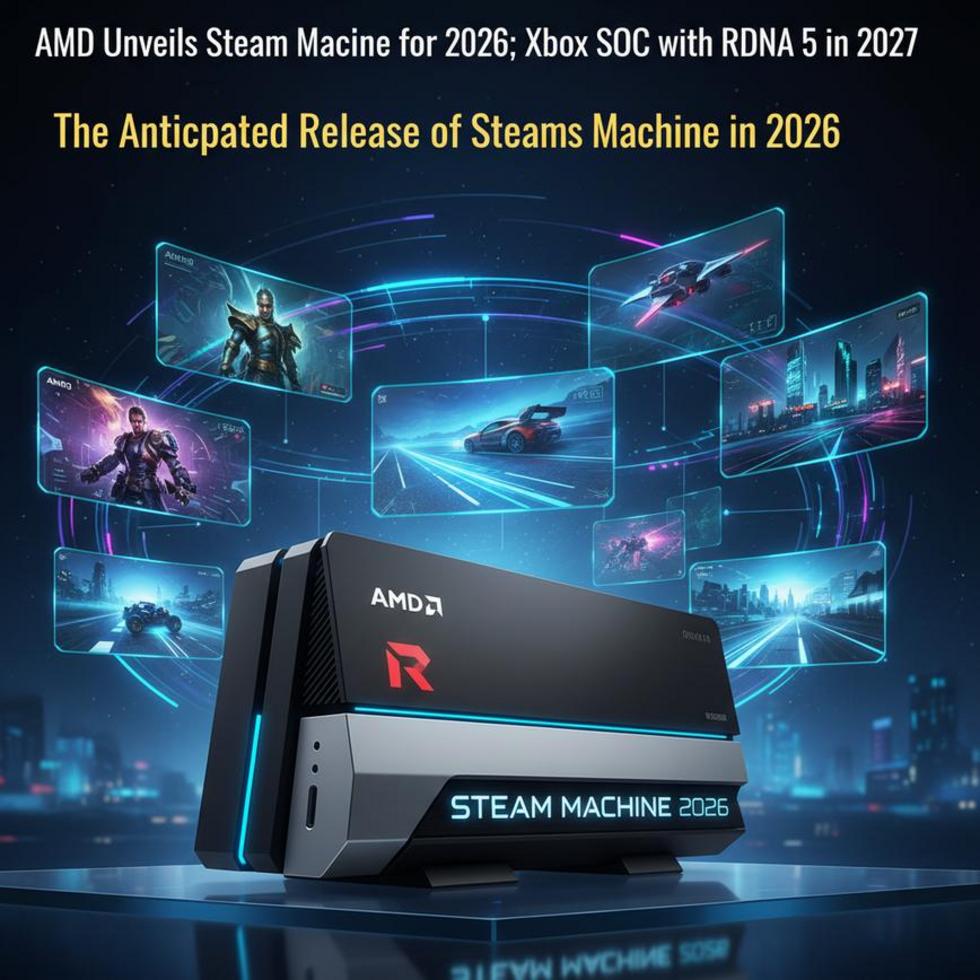 AMD logo amidst a dynamic display of gaming consoles and tech components in a tech lab.