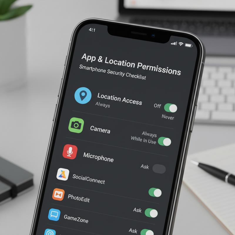 App permission manager screen with toggles for location, camera, and microphone.