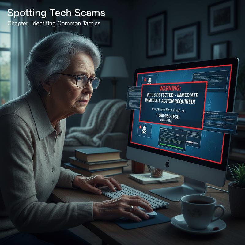 Examples of common tech support scam tactics like pop-ups, calls, and fake ads.
