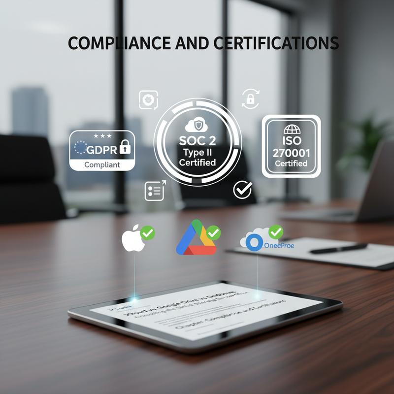 Compliance certifications compared for iCloud, Google Drive, and OneDrive.