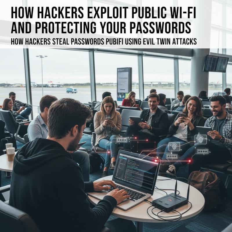 A hacker setting up a fake Wi-Fi hotspot that looks like an airport network.