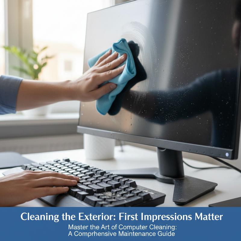 Wiping down a computer exterior with a microfiber cloth to remove dust and smudges.