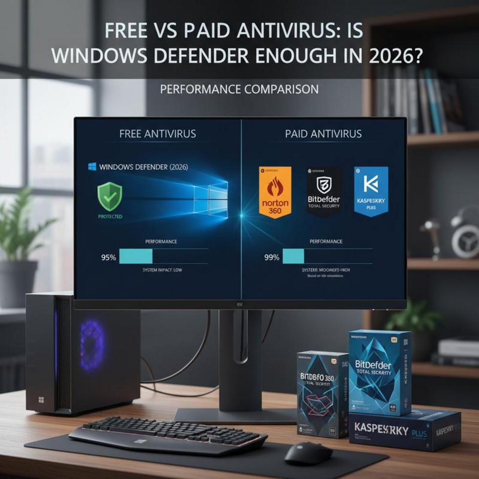 A scale representing the comparison between Windows Defender and paid antivirus.