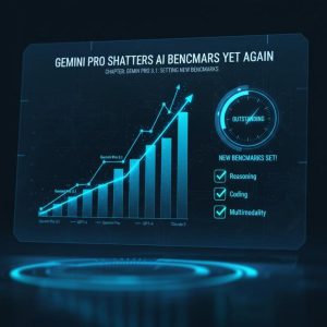 Futuristic lab showcasing digital achievements of Google's Gemini Pro in AI.