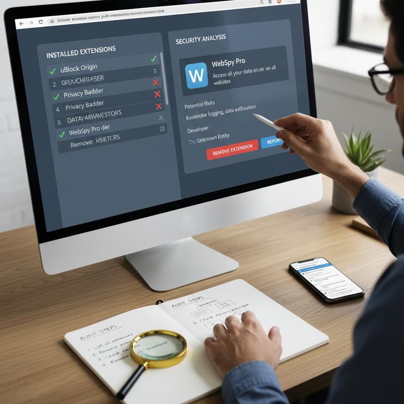 Laptop screen showing an extension list during a security check.