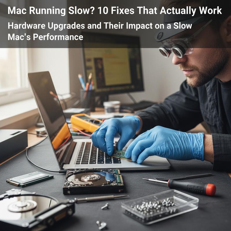 Mac upgrade setup with tools, SSD, and parts ready for installation.