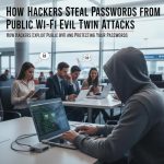 Illustration of a secure digital workspace in an airport with security software.