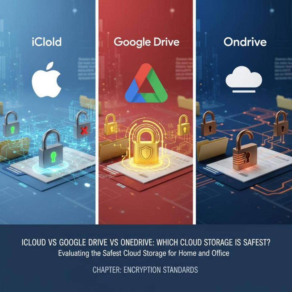 Cloud storage icons for iCloud, Google Drive, and OneDrive overlaid on a security-themed digital background.