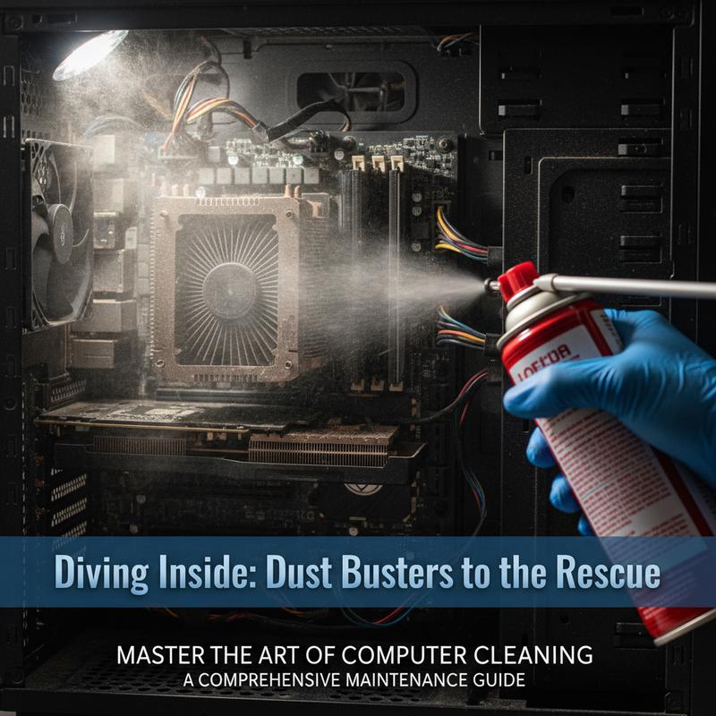 Using compressed air to clear dust from fans and internal PC components.