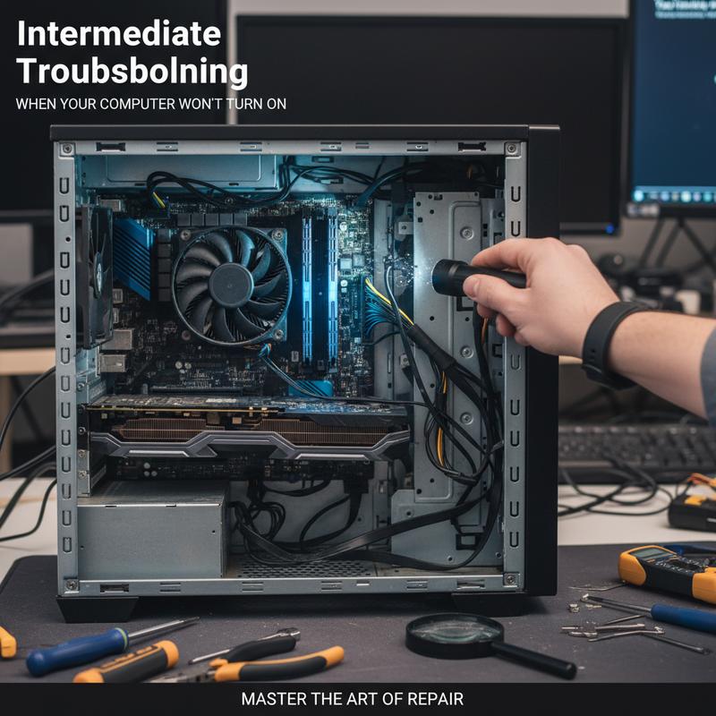 Checking internal PC cables, RAM, and components during troubleshooting.