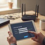 Modern wireless router with a digital shield overlay for security.