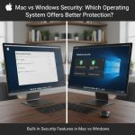 Intertwined macOS and Windows logos with shields and locks representing security.