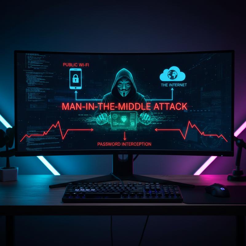 A hacker intercepting data between a laptop and the internet on public Wi-Fi.