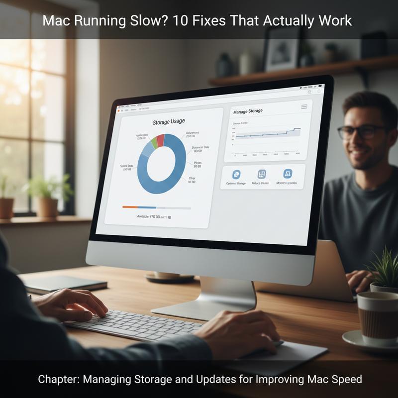 Mac storage management screen showing space usage and update options.