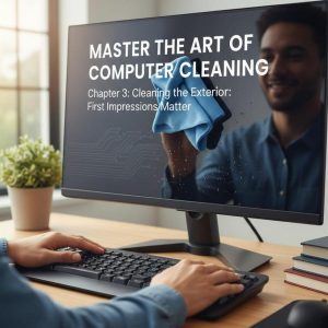 A clean, modern computer setup with spotless monitors and keyboards.