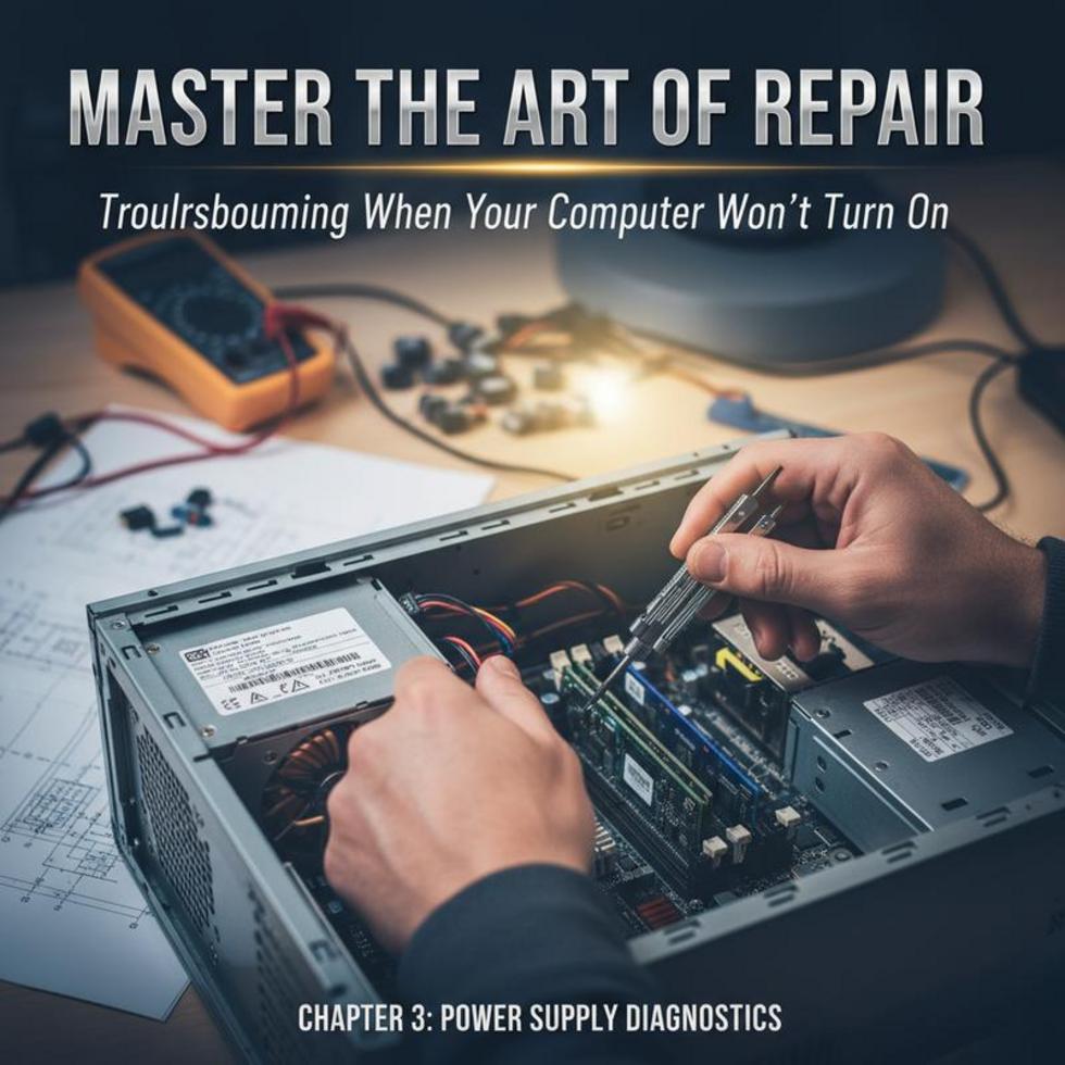 A person troubleshooting a computer that won't turn on, with tools and accessories around.
