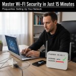 A couple happy with their home Wi-Fi security setup, laptop open on table showing router settings.