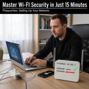 A couple happy with their home Wi-Fi security setup, laptop open on table showing router settings.