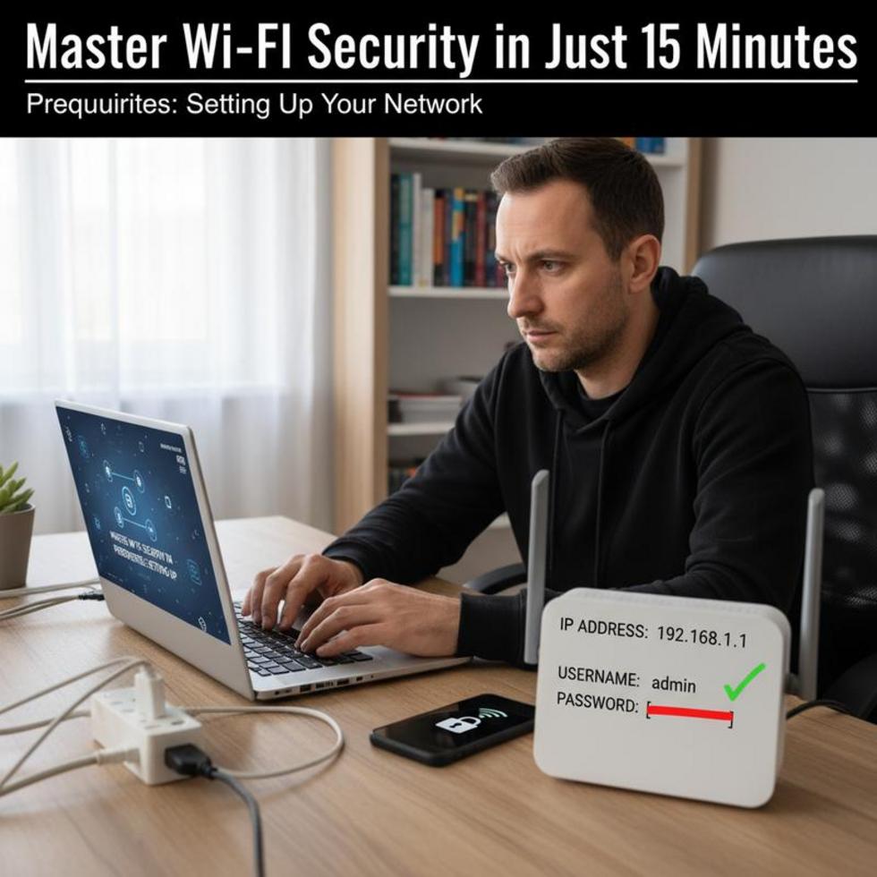 A couple happy with their home Wi-Fi security setup, laptop open on table showing router settings.