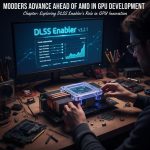 An artistic depiction of a GPU with glowing digital enhancements representing technological innovation.