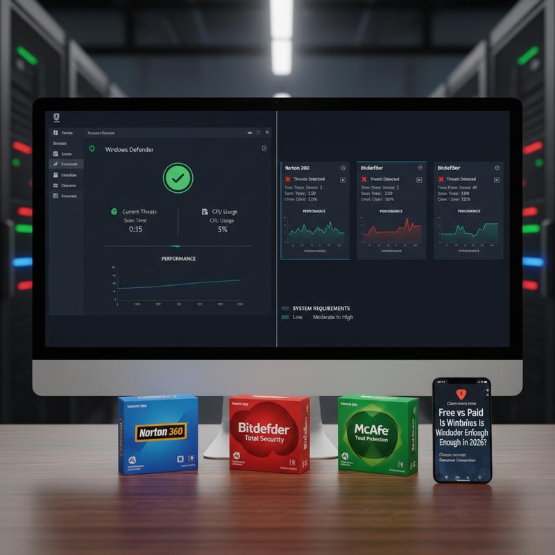 Side-by-side chart comparing Defender and paid antivirus performance in 2026 tests.