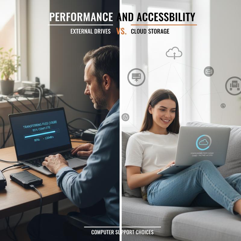 Speed and access comparison for external drives versus cloud storage.