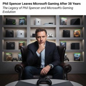 Image showing Xbox consoles and iconic game characters symbolizing Spencer's impact on Microsoft.