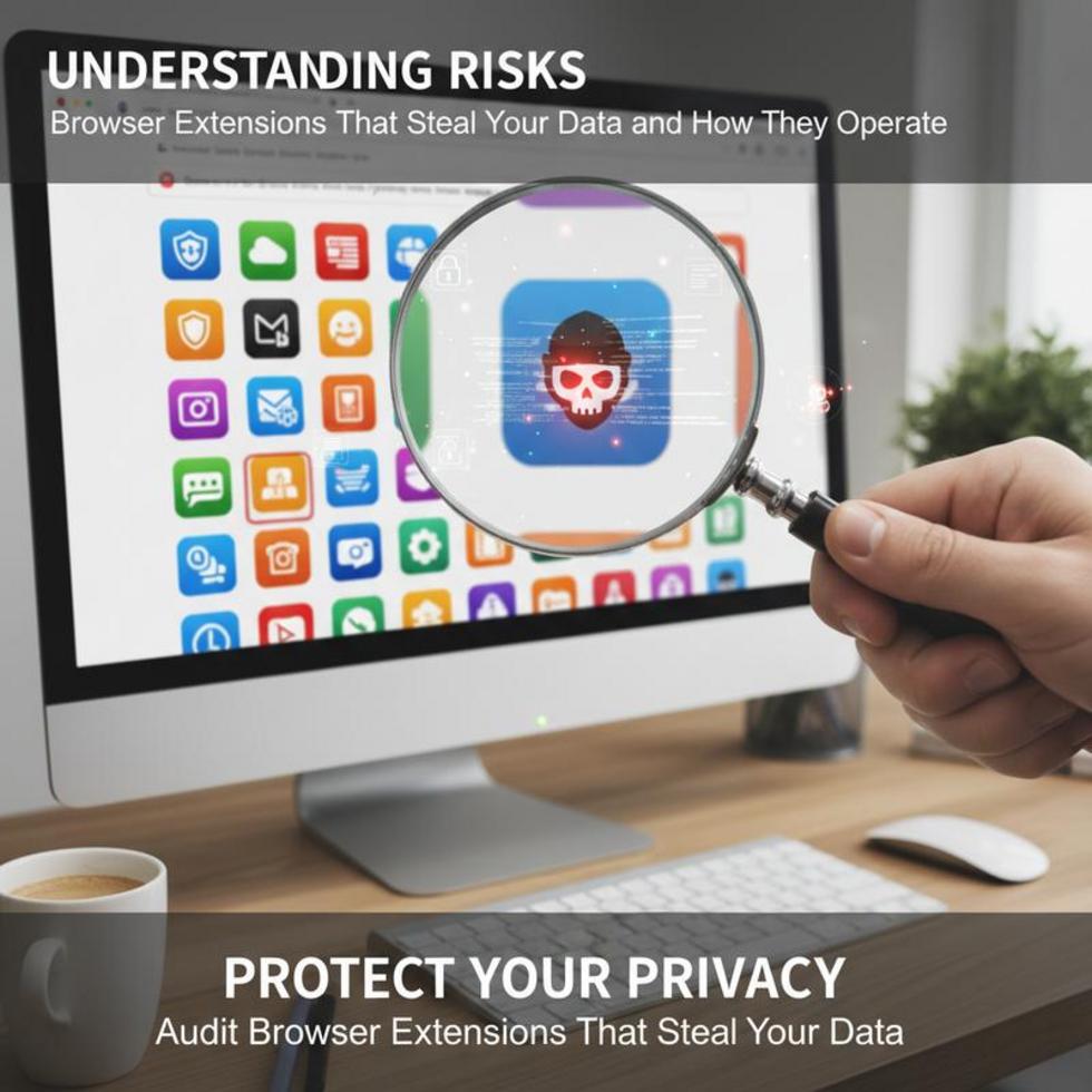 An image showing browser windows with magnifying glasses and digital locks, representing the scrutiny of browser extensions for security purposes.