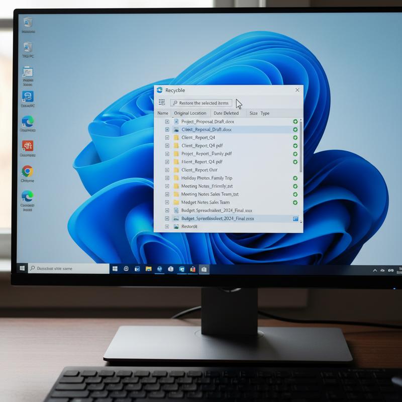 Recycle Bin window showing recently deleted files ready to restore.