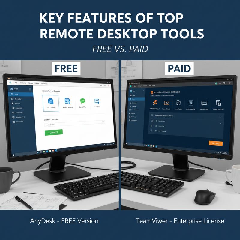Key remote desktop features like screen sharing, file transfer, and security options.