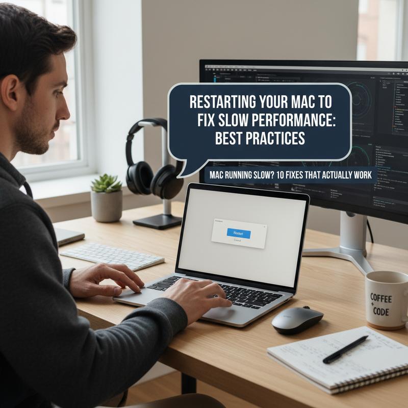 Desk setup illustrating a Mac restart to fix slow performance.