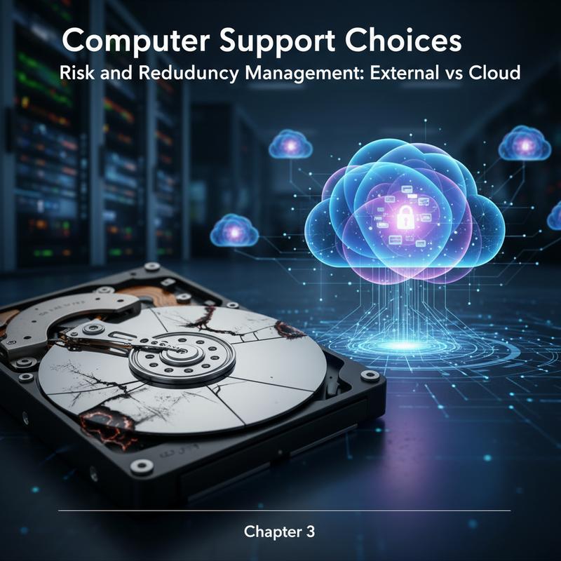 Risk and redundancy comparison for local external drives versus cloud backups.