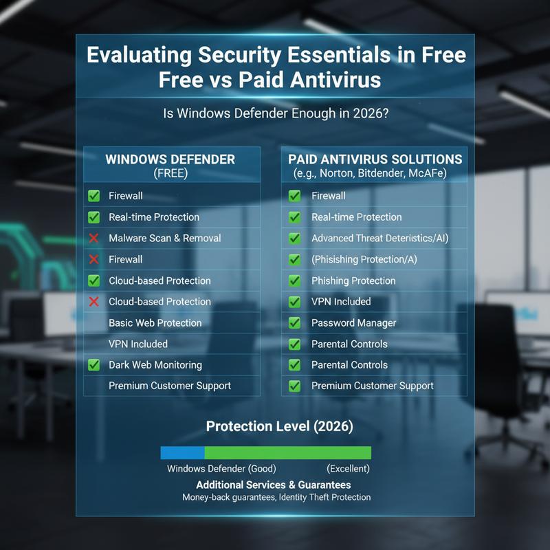 Security essentials comparison graphic for Microsoft Defender vs paid antivirus suites.